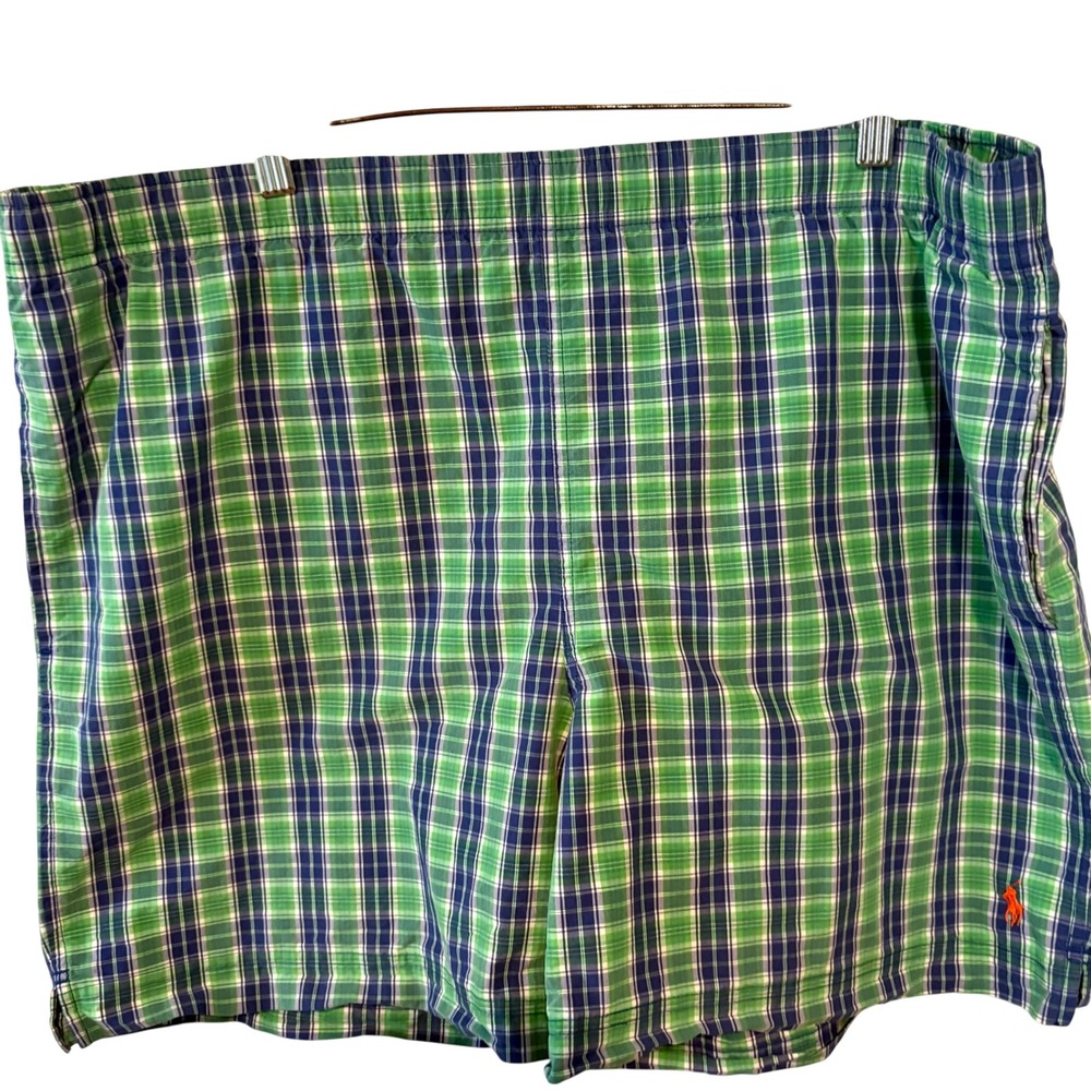 Polo Sport Men's Green and Blue Plaid Swim Trunks in Size L